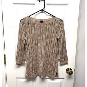 Talbots Gold Metallic Sweater, Open Weave Knit Tunic, Crew Neck, Women's Size SP